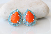 Orange Turquoise Earrings: Hot Color Teardrop Studs, Evening Blue Silver Jewelry, Agate stone