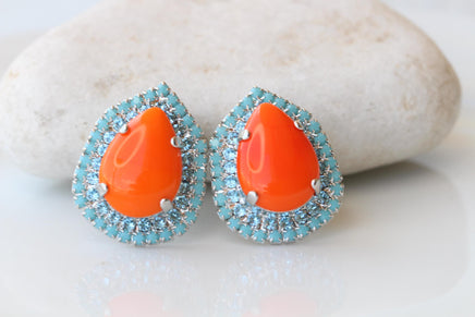 Orange Turquoise Earrings: Hot Color Teardrop Studs, Evening Blue Silver Jewelry, Agate stone