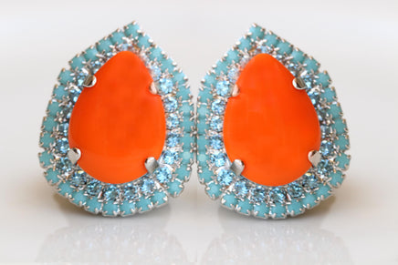 Orange Turquoise Earrings: Hot Color Teardrop Studs, Evening Blue Silver Jewelry, Agate stone