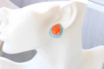 Orange Turquoise Earrings: Hot Color Teardrop Studs, Evening Blue Silver Jewelry, Agate stone