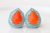 Orange Turquoise Earrings: Hot Color Teardrop Studs, Evening Blue Silver Jewelry, Agate stone