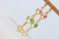 Star Of David Earrings: Pink And Green Dangle Long Earrings, 24k Gold Plated