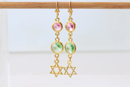 Star Of David Earrings: Pink And Green Dangle Long Earrings, 24k Gold Plated