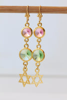 Star Of David Earrings: Pink And Green Dangle Long Earrings, 24k Gold Plated