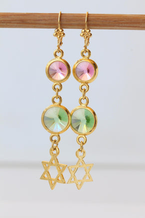 Star Of David Earrings: Pink And Green Dangle Long Earrings, 24k Gold Plated