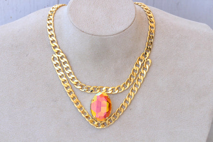 Orange Necklace: Astral Pink And Gold, Double Layers Choker, Statement Evening Jewelry