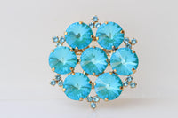 Turquoise Crystals Brooch: Large Statement Flower Brooches, Evening Blue Dress accessories