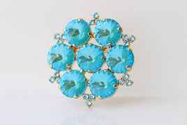 Turquoise Crystals Brooch: Large Statement Flower Brooches, Evening Blue Dress accessories