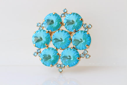 Turquoise Crystals Brooch: Large Statement Flower Brooches, Evening Blue Dress accessories