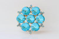Turquoise Crystals Brooch: Large Statement Flower Brooches, Evening Blue Dress accessories