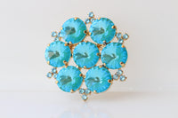 Turquoise Crystals Brooch: Large Statement Flower Brooches, Evening Blue Dress accessories