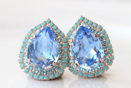 Light Sapphire Crystals Earrings: Blue Turquoise Teardrop Bridal Studs, Something Blue For The Brides