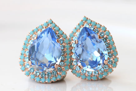 Light Sapphire Crystals Earrings: Blue Turquoise Teardrop Bridal Studs, Something Blue For The Brides
