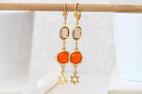 Star of David Long Dangle Earrings: Orange And Gold jewish jewelry, Passover gift for women, Judaica Charms Magen David