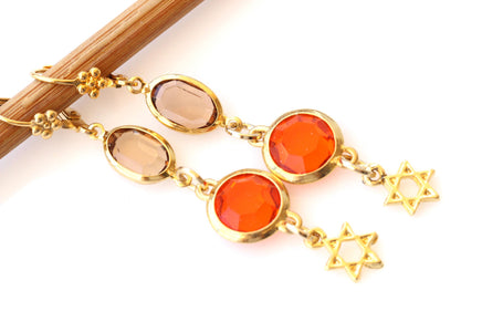 Star of David Long Dangle Earrings: Orange And Gold jewish jewelry, Passover gift for women, Judaica Charms Magen David