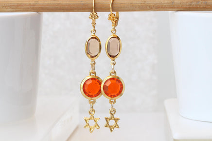 Star of David Long Dangle Earrings: Orange And Gold jewish jewelry, Passover gift for women, Judaica Charms Magen David