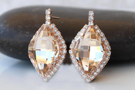 Light Champagne Earrings: Silk Crystals Bridal Studs, Lemon Shaped