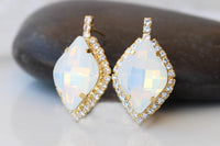Opal Crystals Earrings: White Milk Bridal Jewelry, Large Statement Studs, Lemon Shaped