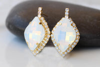 Opal Crystals Earrings: White Milk Bridal Jewelry, Large Statement Studs, Lemon Shaped
