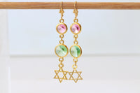 Star Of David Earrings: Pink And Green Dangle Long Earrings, 24k Gold Plated