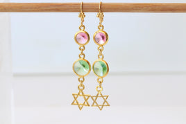 Star Of David Earrings: Pink And Green Dangle Long Earrings, 24k Gold Plated