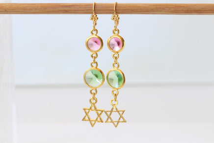 Star Of David Earrings: Pink And Green Dangle Long Earrings, 24k Gold Plated