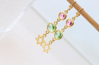 Star Of David Earrings: Pink And Green Dangle Long Earrings, 24k Gold Plated