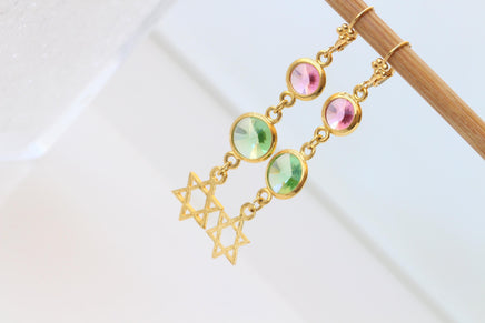Star Of David Earrings: Pink And Green Dangle Long Earrings, 24k Gold Plated