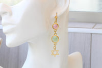 Star Of David Earrings: Pink And Green Dangle Long Earrings, 24k Gold Plated