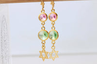 Star Of David Earrings: Pink And Green Dangle Long Earrings, 24k Gold Plated