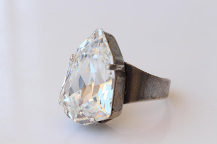 Crystal Cocktail Ring: Statement Big Antique Silver Adjustable Bridal Ring
