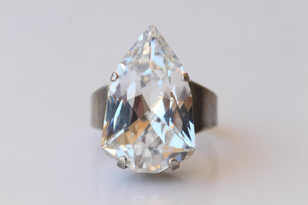 Crystal Cocktail Ring: Statement Big Antique Silver Adjustable Bridal Ring