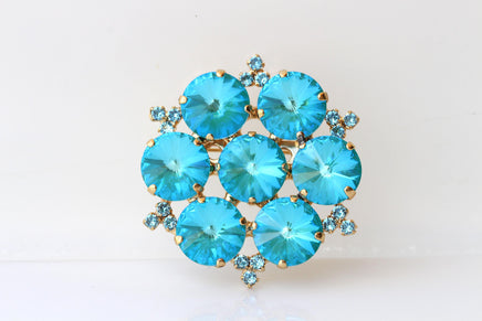 Turquoise Crystals Brooch: Large Statement Flower Brooches, Evening Blue Dress accessories