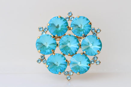 Turquoise Crystals Brooch: Large Statement Flower Brooches, Evening Blue Dress accessories