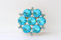 Turquoise Crystals Brooch: Large Statement Flower Brooches, Evening Blue Dress accessories