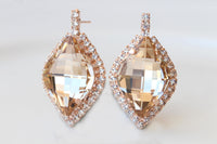 Light Champagne Earrings: Silk Crystals Bridal Studs, Lemon Shaped
