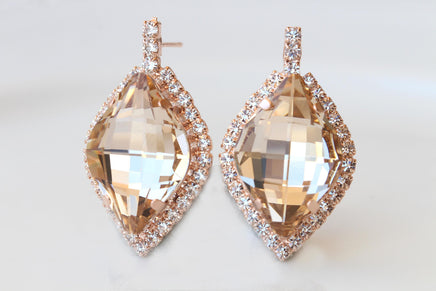Light Champagne Earrings: Silk Crystals Bridal Studs, Lemon Shaped