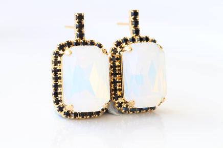 White Opal Crystals Earrings: White And Black Studs, Wedding Bridal Jewelry