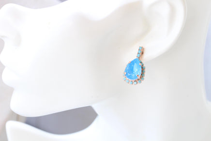 Navy and Turquoise Crystal Earrings, Unique Teardrop Studs, Wedding Bridal Jewelry