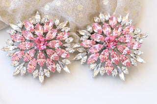 Pink Clip-On Flower Statement Earrings – Large Evening Studs