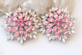Pink Clip-On Flower Statement Earrings – Large Evening Studs