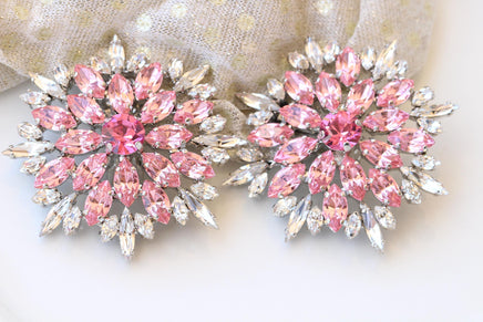 Pink Clip-On Flower Statement Earrings – Large Evening Studs