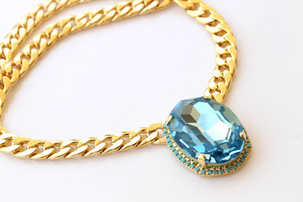 Aquamarine Turquoise Crystal Necklace: Chunky Evening Necklace, Large Oval Pendant