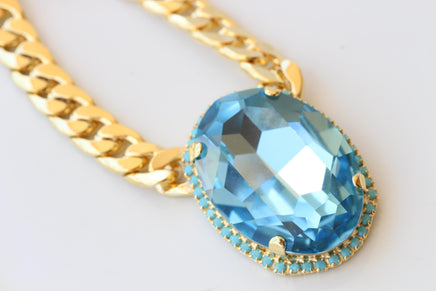 Aquamarine Turquoise Crystal Necklace: Chunky Evening Necklace, Large Oval Pendant