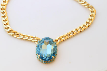 Aquamarine Turquoise Crystal Necklace: Chunky Evening Necklace, Large Oval Pendant