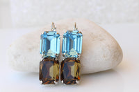 Brown & Blue Drop Earrings, Smoke Topaz Aquamarine Crystal, Unique Handmade Jewelry for Her, Dangle Statement Earrings, Gift for Women