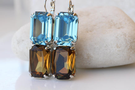Brown & Blue Drop Earrings, Smoke Topaz Aquamarine Crystal, Unique Handmade Jewelry for Her, Dangle Statement Earrings, Gift for Women
