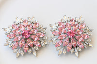 Pink Clip-On Flower Statement Earrings – Large Evening Studs