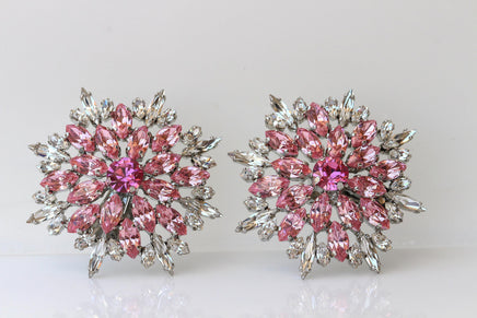 Pink Clip-On Flower Statement Earrings – Large Evening Studs