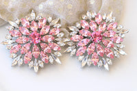 Pink Clip-On Flower Statement Earrings – Large Evening Studs